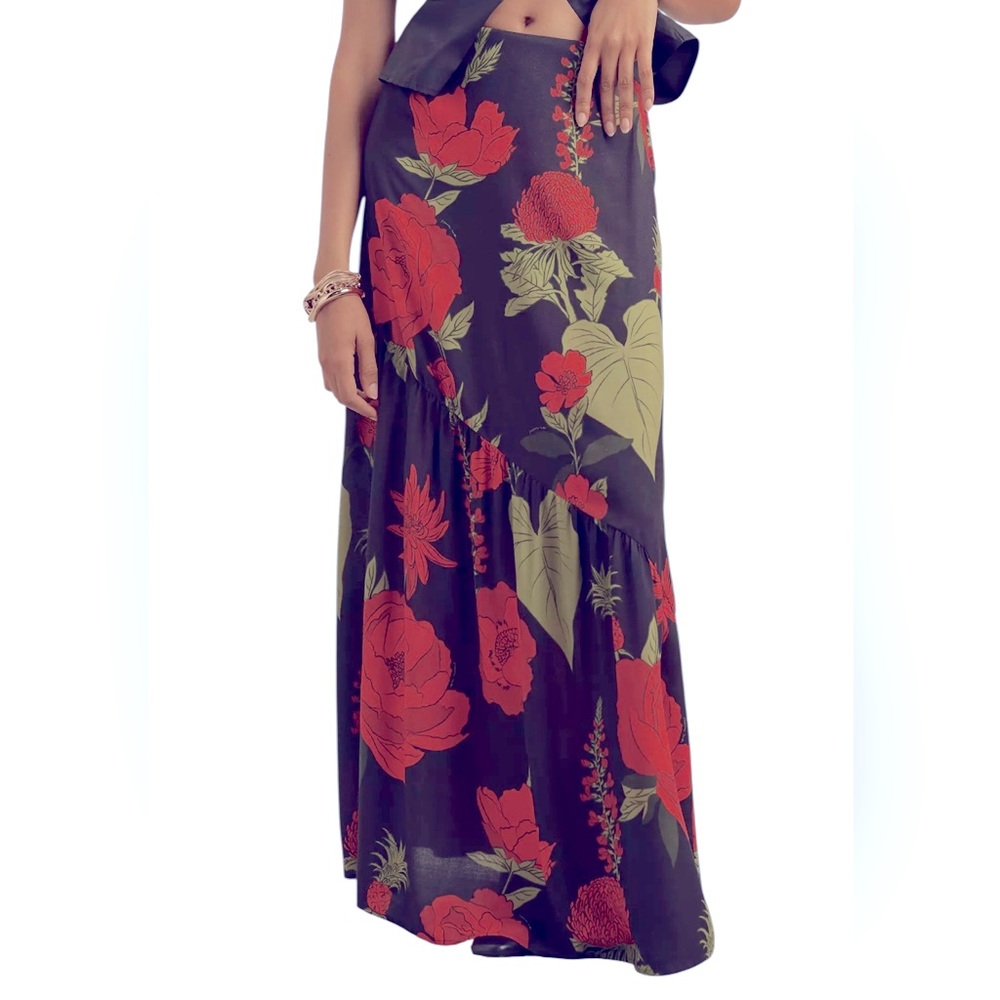 Farm Rio Floral Maxi Slip Skirt Asymmetrical Ruffle Red Black Small S - Picture 7 of 11